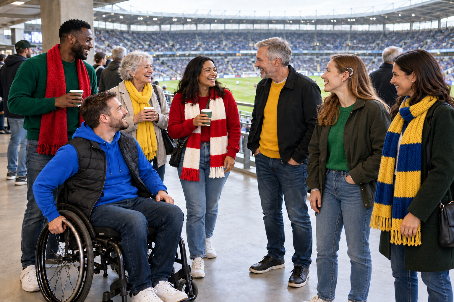 A group of adult football supporters of different ages and backgrounds, including a wheelchair user, wearing colourful red, blue, green and yellow clothing at a matchday.